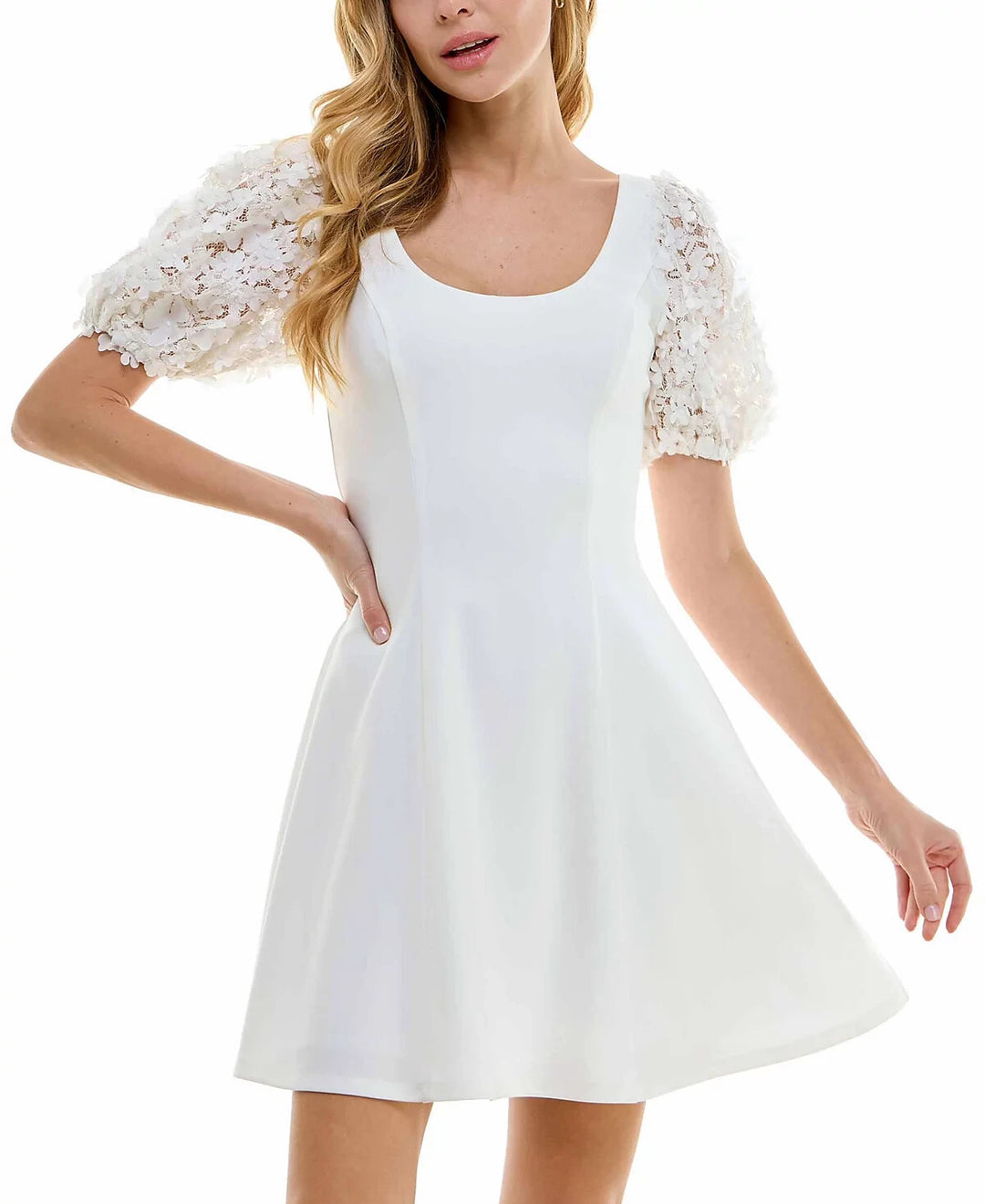 City Studios Juniors' Embellished Puff-Sleeve Fit & Flare Dress MSRP $49