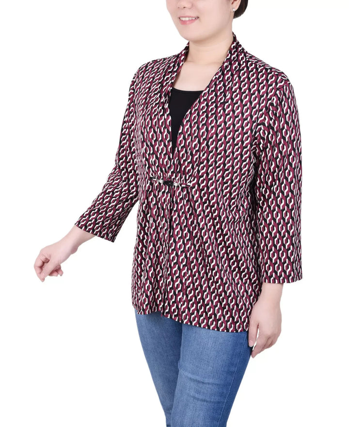 NY Collection Petite Puff Print 3/4 Sleeve Two-Fer Top MSRP $44