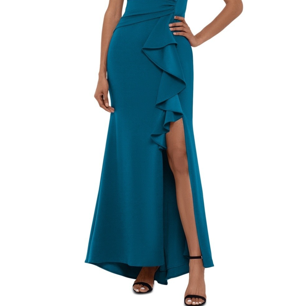 Betsy & Adam Women's Cascading-Ruffle Boat-Neck Gown MSRP $169