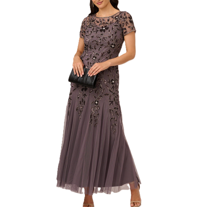 Adrianna Papell Hand Beaded Short Sleeve Floral Godet Gown MSRP $300