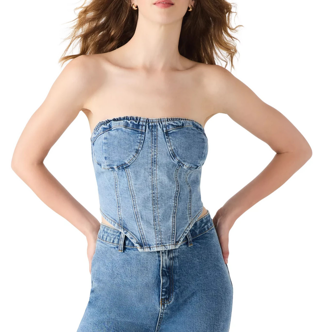 Steve Madden Women's Rina Strapless Denim Corset Top MSRP $89
