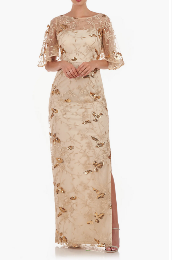 JS Collections Daphne Embroidered Sequin Column Gown MSRP $298