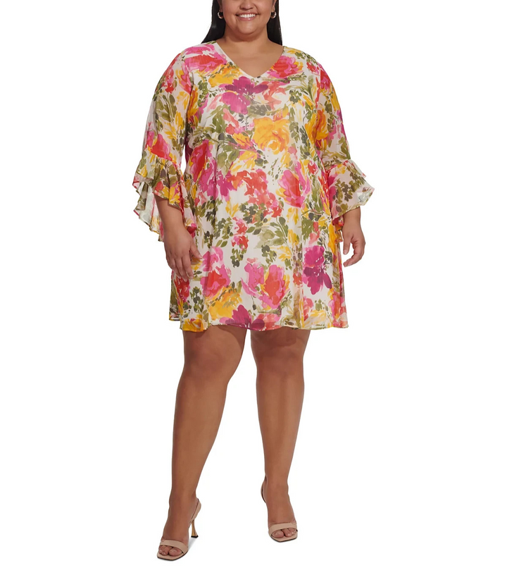 Calvin Klein Plus Size Printed V-Neck Bell-Sleeve Shift Dress MSRP $129