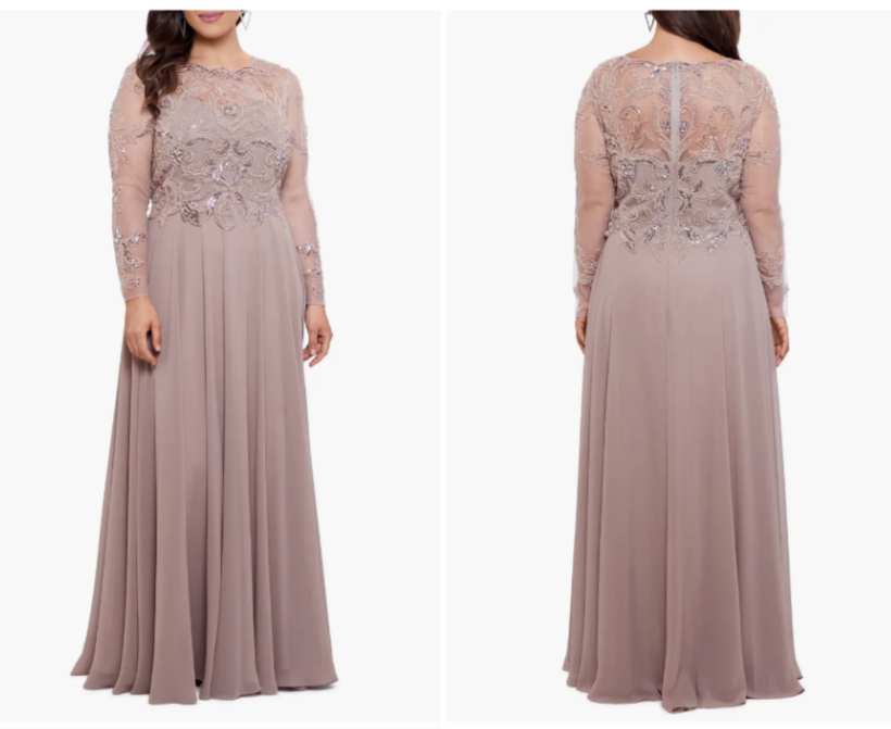 Xscape Chiffon Beaded Long Sleeve Gown MSRP $319