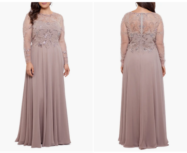 Xscape Chiffon Beaded Long Sleeve Gown MSRP $319