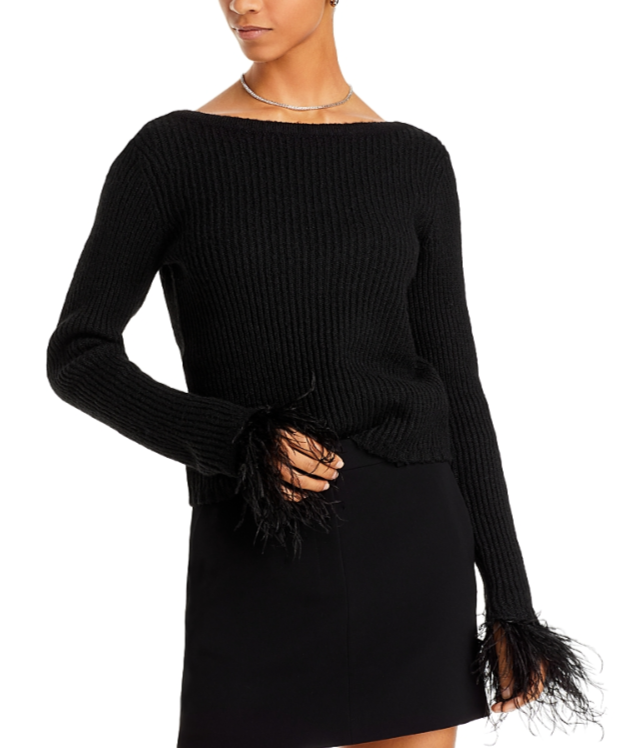 BCBGMAXAZRIA Feather Trim Long Sleeve Sweater MSRP $225