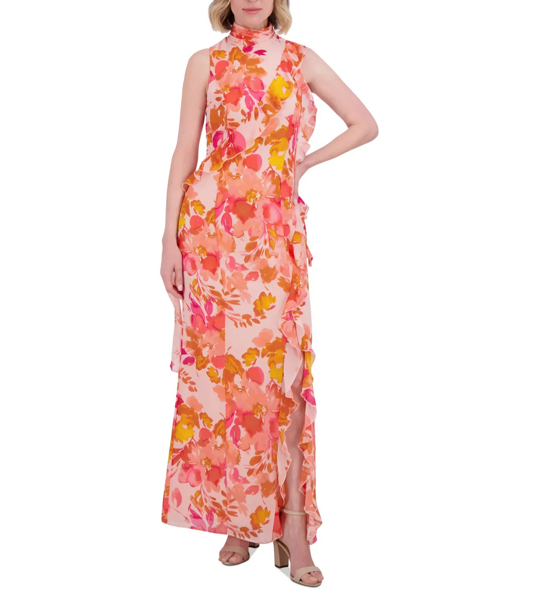 Eliza J Women's Printed Ruffle-Trims Chiffon Dress MSRP $198