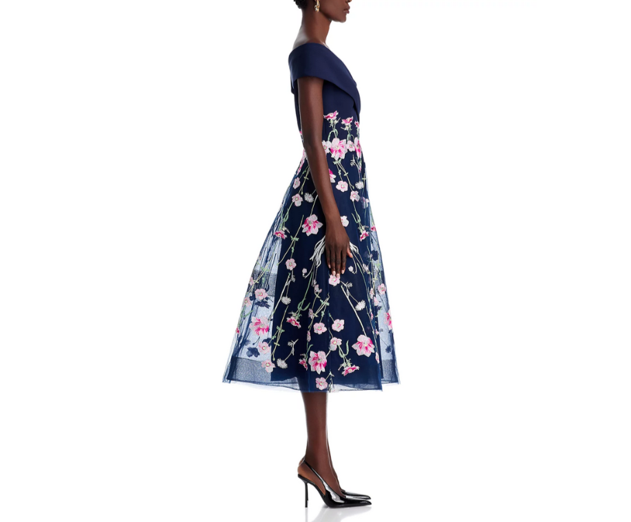 Teri Jon by Rickie Freeman Crepe Off-the-Shoulder Embroidered Tulle Dress $660