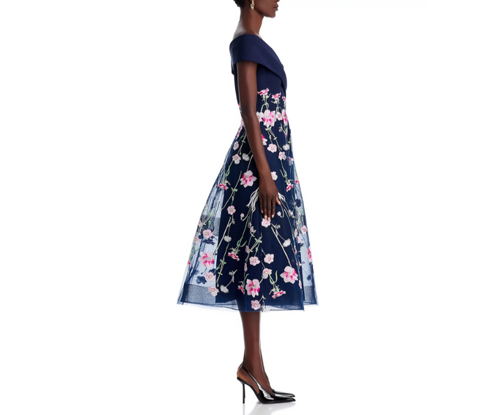 Teri Jon by Rickie Freeman Crepe Off-the-Shoulder Embroidered Tulle Dress $660