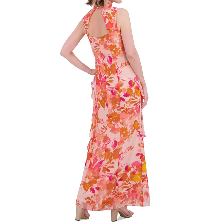 Eliza J Women's Printed Ruffle-Trims Chiffon Dress MSRP $198