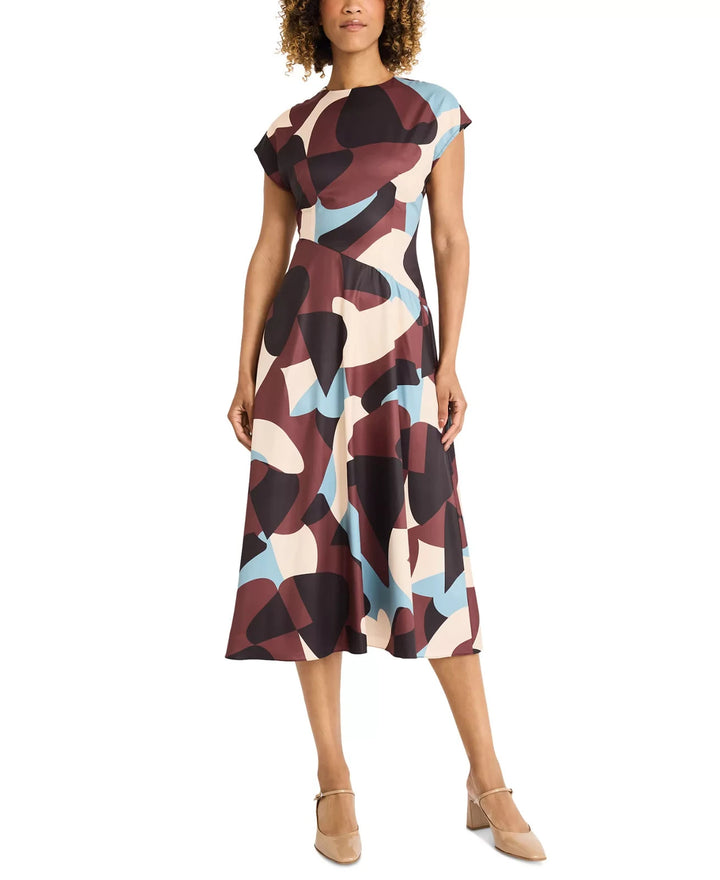 Maggy London Printed Crewneck Cap Sleeve Midi Dress MSRP $158