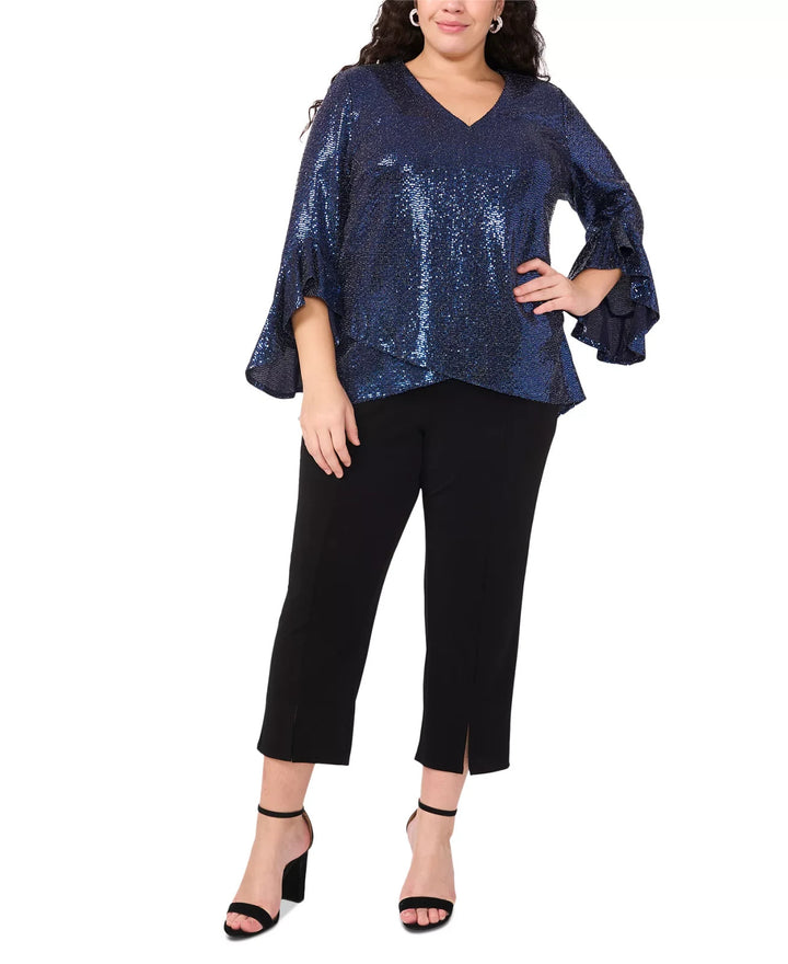 MSK V-Neck Bell-Sleeve Sequin-Knit Top Navy Size 1X MSRP $79
