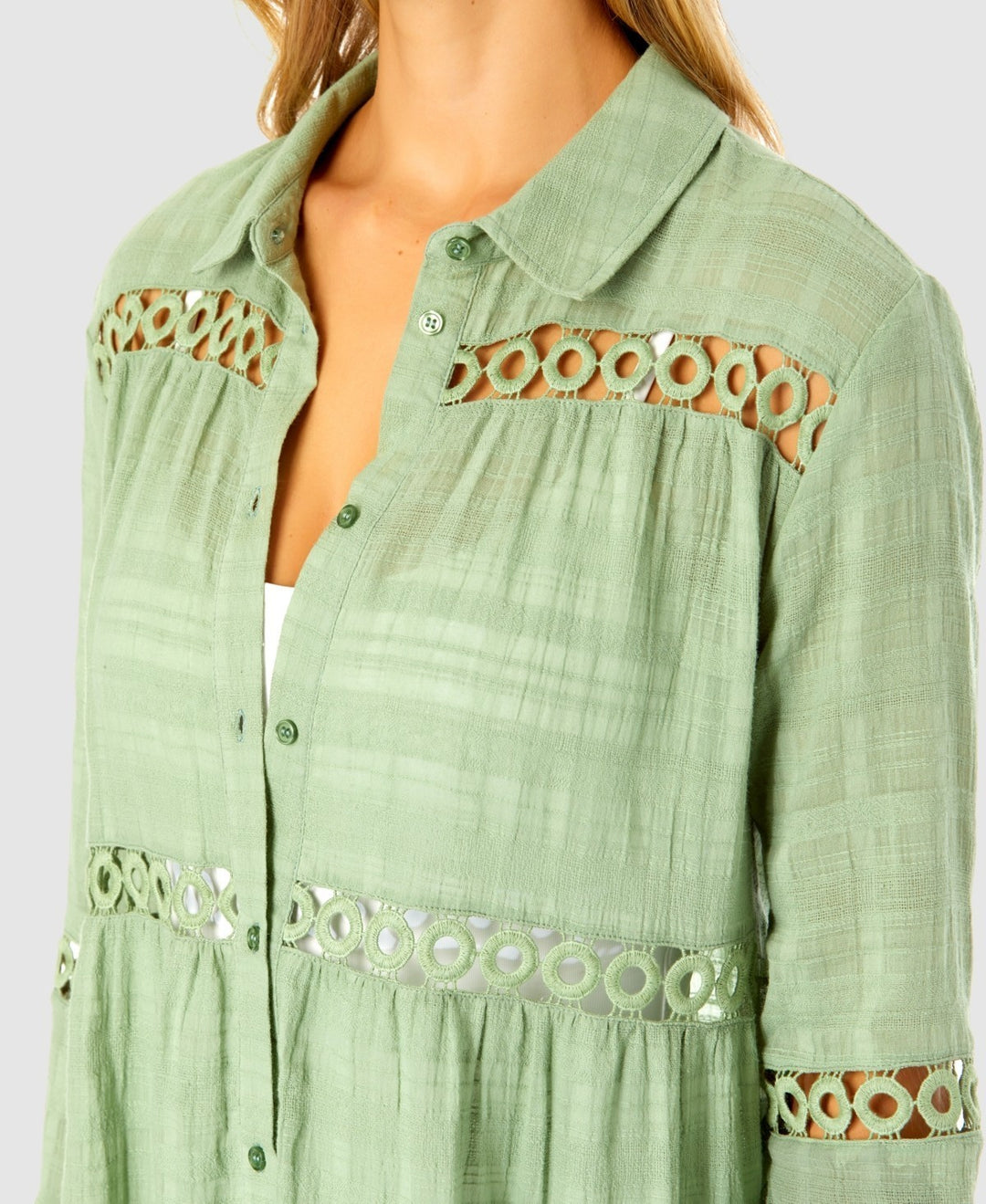 Ibiza Anne Cole Button Up Bell Sleeve Crochet Trim Cover-Up Tunic MSRP $72