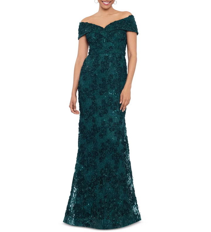 XSCAPE Petite Off-The-Shoulder Lace Gown MSRP $289
