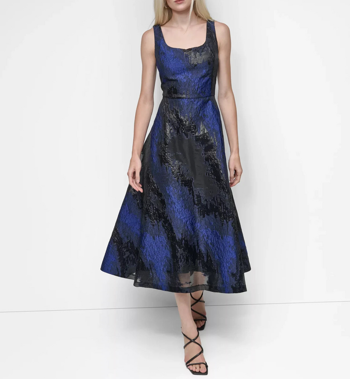 DKNY Metallic Jacquard Scoop-Neck Midi Dress MSRP $249