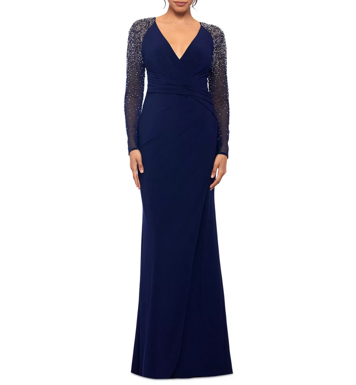 Betsy & Adam Mesh-Sleeve V-Neck Evening Gown MSRP $269