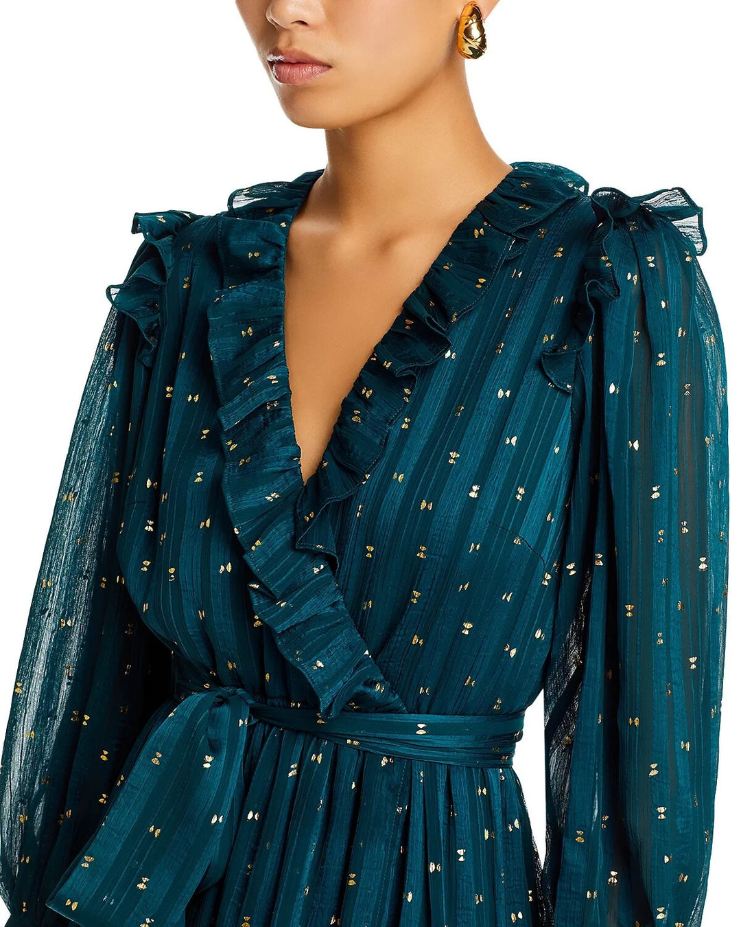 AQUA Ruffle Trim Clip Dot Midi Wrap Dress MSRP $128
