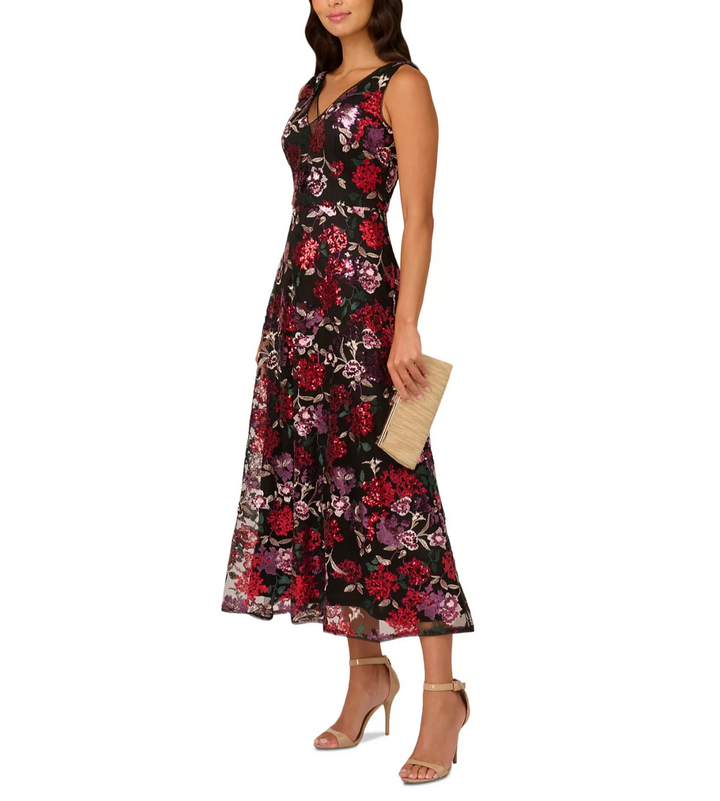 Adrianna Papell Women's Floral Sequin Fit & Flare Dress MSRP $279