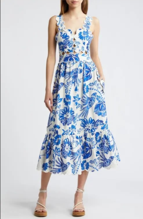 Farm Rio Flowerful Birds Cutout Midi Dress MSRP $285