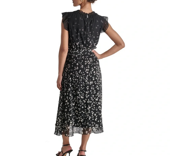 DKNY Women's Printed Ruffled Belted Midi Dress MSRP $ 134