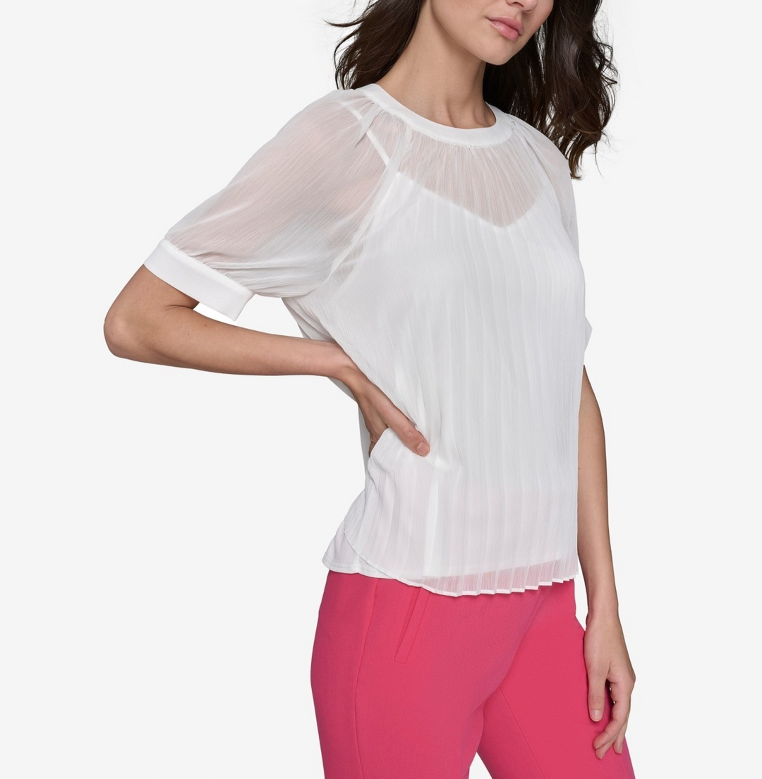 KARL LAGERFELD PARIS Women's Pleated Chiffon Short-Sleeve Blouse MSRP $99