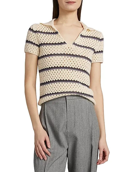 Vince Striped Macramé Open-Knit Polo Shirt MSRP $328