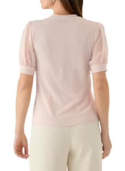 Calvin Klein Mixed Media Crew Neck Short Puff Sleeve Top MSRP $59