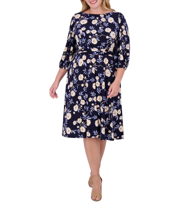 Jessica Howard Plus Size Floral-Print Gathered-Waist Dress MSRP $119