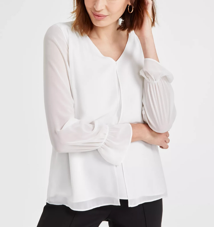 Kasper Women's V-Neck Double-Layer Long-Sleeve Blouse MSRP $79