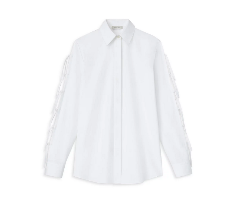 Lafayette 148 New York Cotton Poplin Fringe Tie Shirt MSRP $698