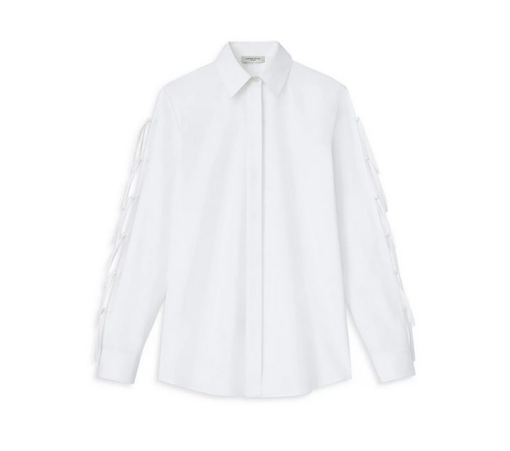 Lafayette 148 New York Cotton Poplin Fringe Tie Shirt MSRP $698
