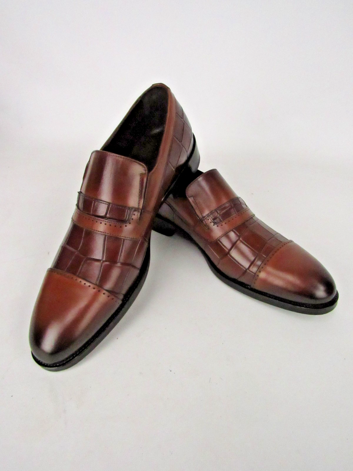 Premium Men’s Embossed Calf Leather Cap-Toe Loafers – Handcrafted Size EU 41