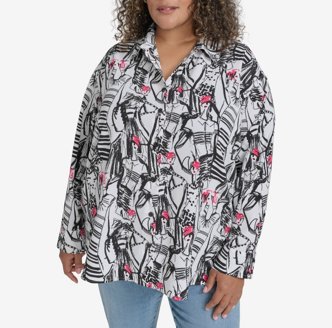 KARL LAGERFELD PARIS Plus Size Printed Collared Button-Front Shirt MSRP $99