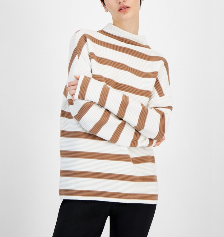 T Tahari Funnel-Neck Stripe-Print Sweater MSRP $78