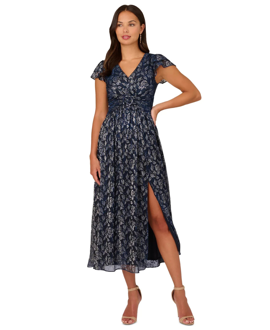 Adrianna Papell Metallic-Print Crinkle Belted Dress MSRP $229