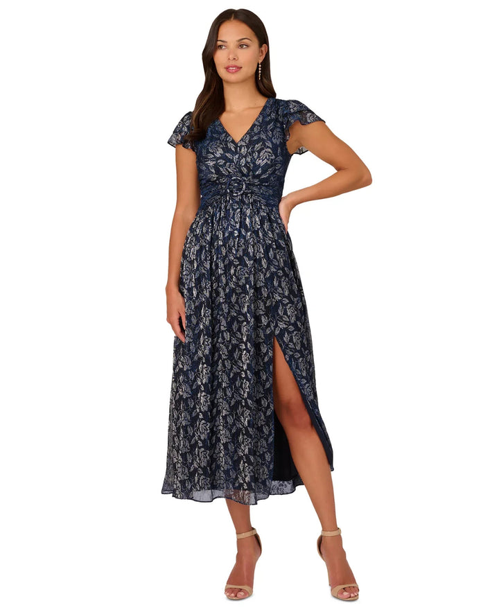 Adrianna Papell Metallic-Print Crinkle Belted Dress MSRP $229