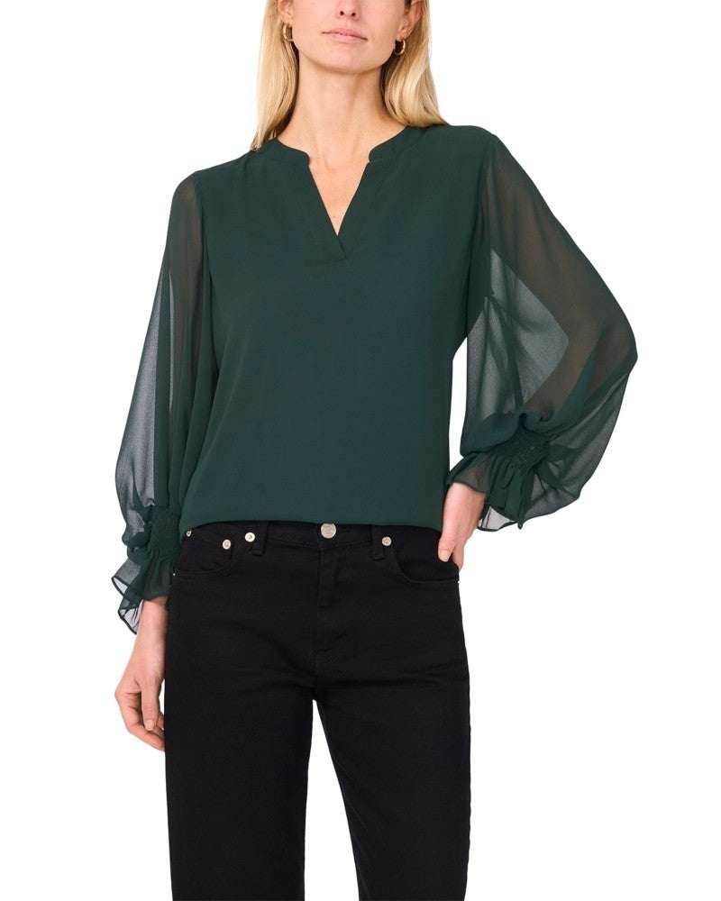 Vince Camuto V Neck Sheer Sleeve Top MSRP $79