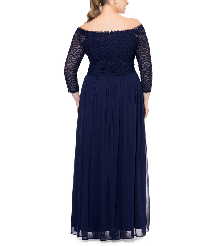 Betsy & Adam Lace Off-The-Shoulder 3/4-Sleeve Gown MSRP $298