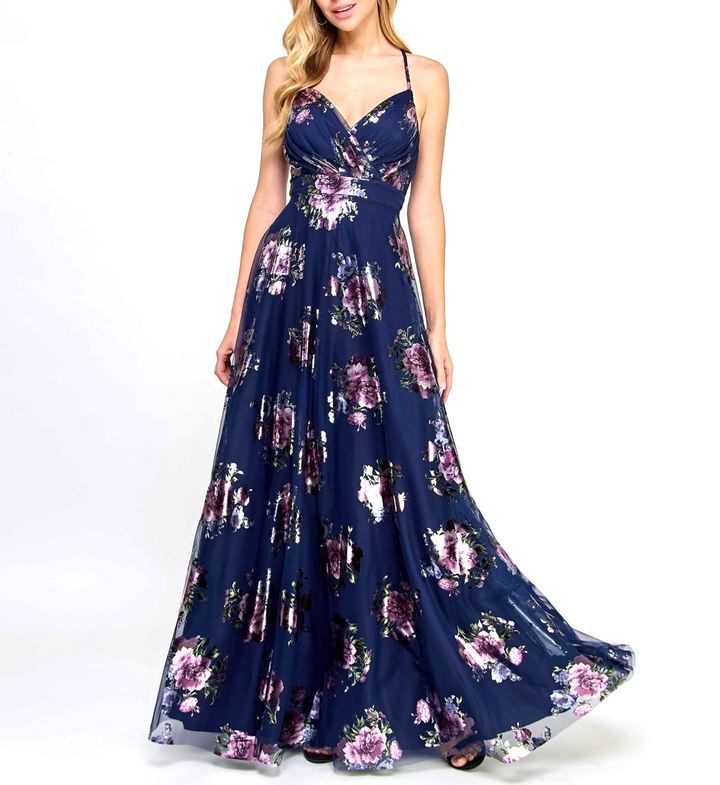 City Studios Juniors' Strappy Floral Metallic Mesh Gown MSRP $169