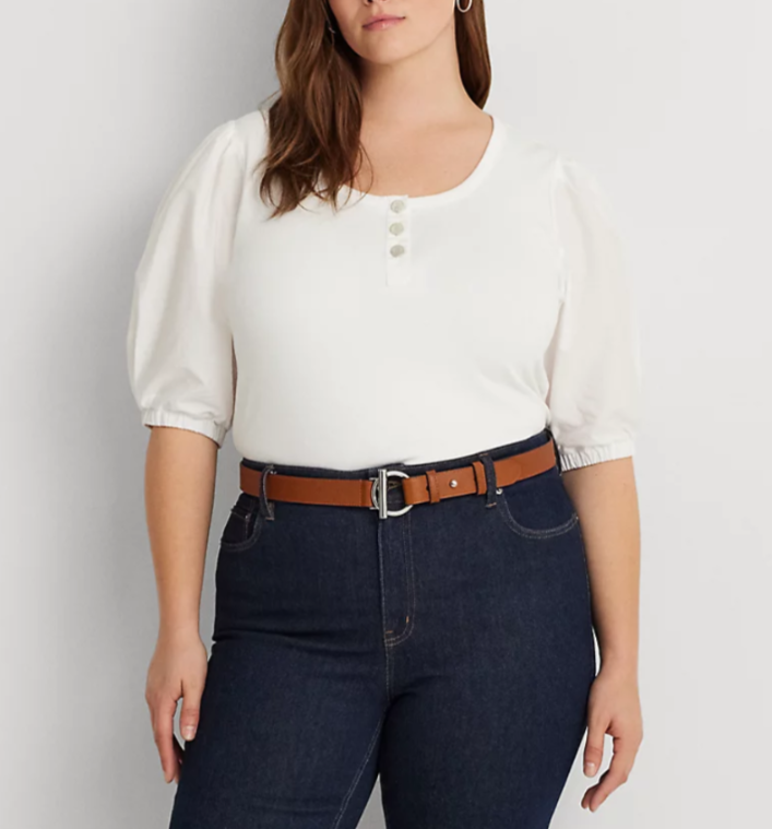 Lauren Ralph Lauren Plus Size Puff-Sleeve Henley Tee MSRP $99