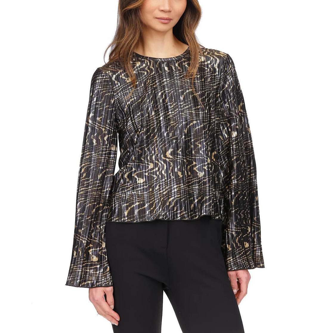 MICHAEL Michael Kors Printed Pleated Bell-Sleeve Top MSRP $110