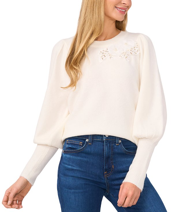 CeCe Women's Embellished Puff-Sleeve Crewneck Sweater MSRP $79
