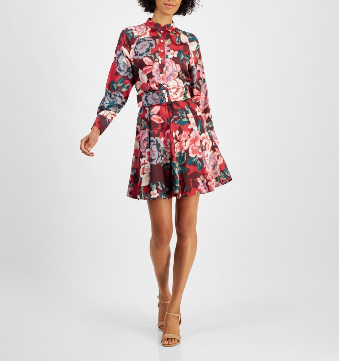Tahari Petite Floral Button-Trim Belted Long-Sleeve Dress MSRP $159