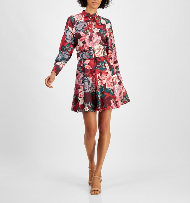 Tahari Petite Floral Button-Trim Belted Long-Sleeve Dress MSRP $159