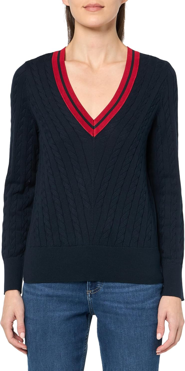 Tommy Hilfiger Women's Contrast Stripe V-Neck Cable Knit Sweater MSRP $79.50