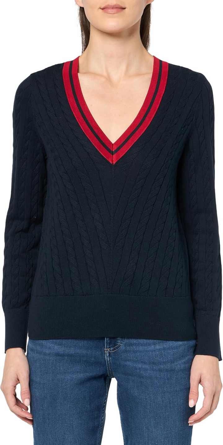 Tommy Hilfiger Women's Contrast Stripe V-Neck Cable Knit Sweater MSRP $79.50
