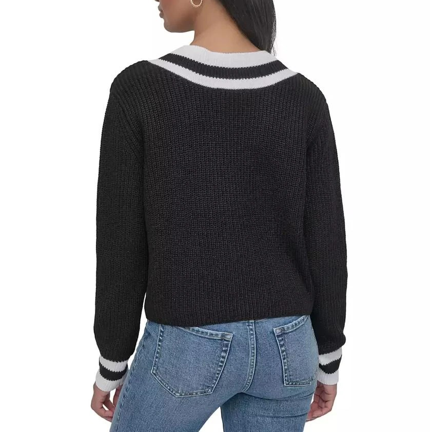 Dkny Jeans Women's Varsity V-Neck Relaxed Sweater MSRP $79