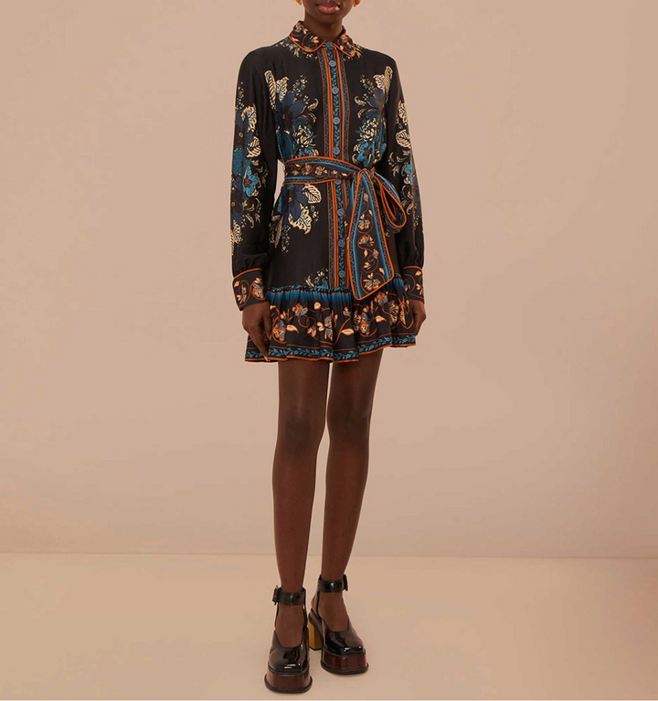 FARM Rio Black Blossom Tapestry Mini Dress MSRP $249