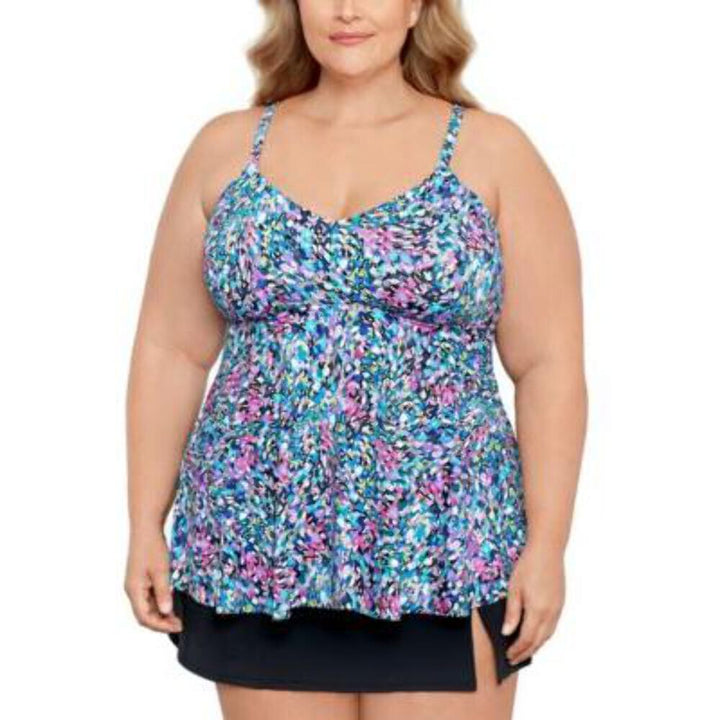 Swim Solutions Women's Plus Printed Underwire Tankini Top MSRP $84