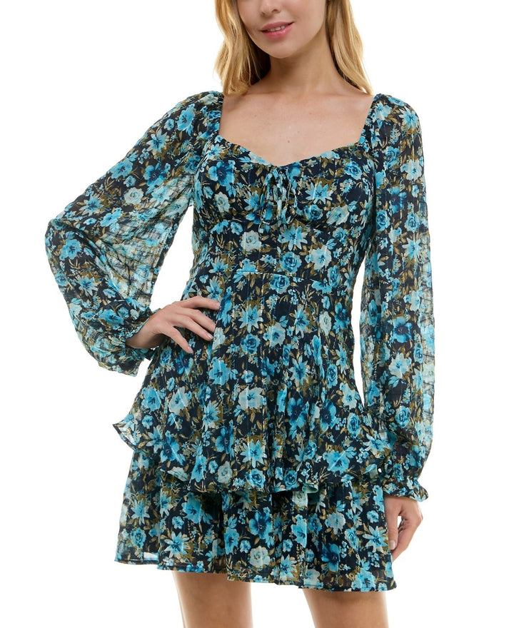 Crystal Doll Juniors' Printed Shadow-Stripe Fit & Flare Tiered Dress MSRP $49